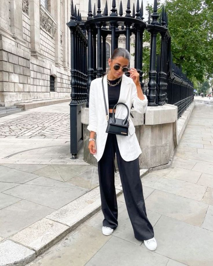 White Blazer with Wide-Leg Black Trousers